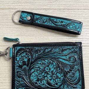 Unique Leather Card Wristlet Turquoise & Black Tooled Leather